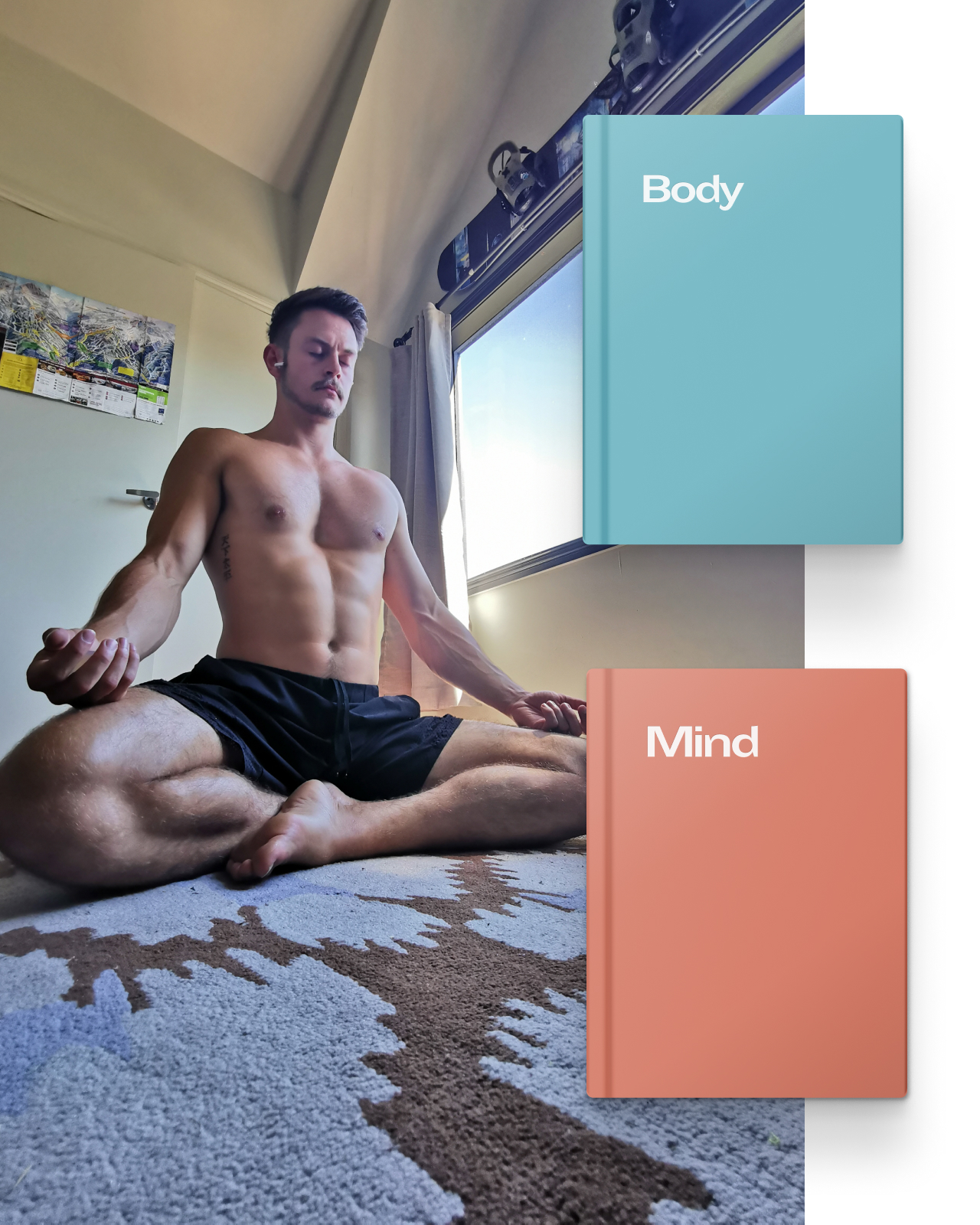 Man with pectus excavatum sitting cross legged meditating